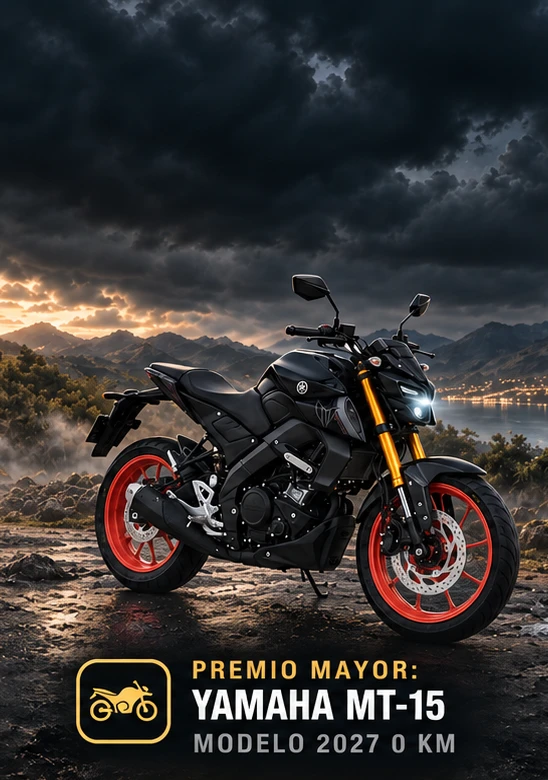 Premio mayor: moto Yamaha MT-15 2027 0km — Proyecto Tormenta